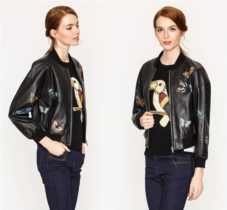 Oil painting printing 10,000 stitches embroidery butterfly female sheepskin leather leather jacket baseball jersey