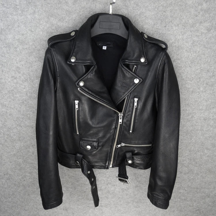 Women's Italian Oil Wax Sheepskin Heavy Wash Folded Belt Slim Fit Locomotive Suit