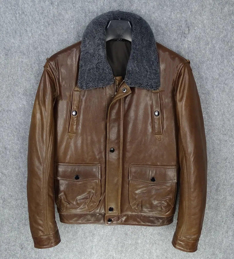 Removable wool collar layer sheepskin genuine leather jacket men's padded cotton warm and cold model