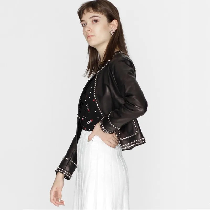 Handmade rivets Italian water-dyed sheepskin Japanese genuine leather leather jacket women's short round neck lady slim fit