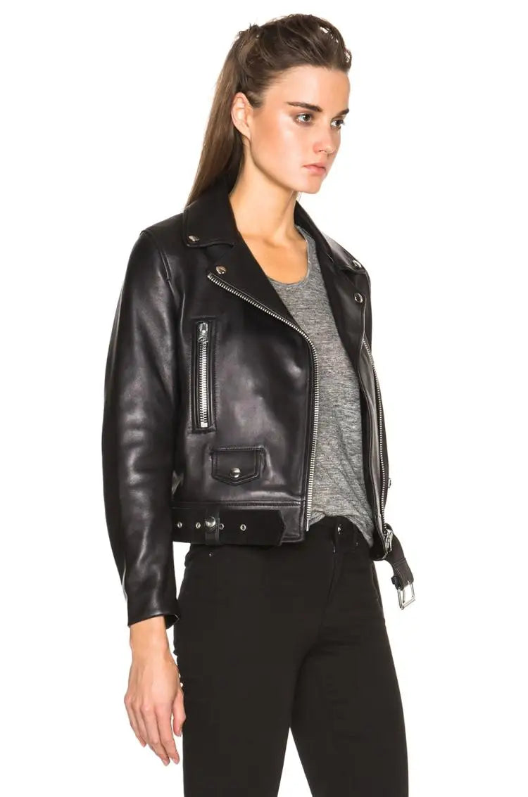 Women's Italian Oil Wax Sheepskin Heavy Wash Folded Belt Slim Fit Locomotive Suit