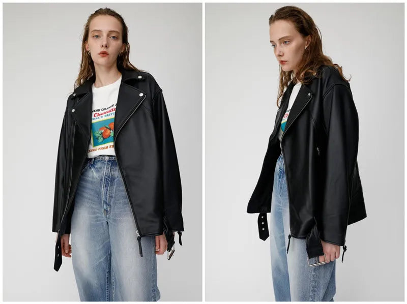 Oversize large silhouette leather jacket female locomotive boyfriend style