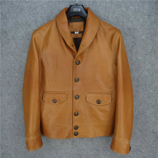 Cossack style jacket style Cossack green fruit collar campus leather jacket genuine leather jacket men