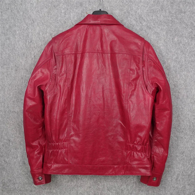 Vegetable tanned batik big red first layer sheepskin leather jacket men's Japanese version slim denim leather jacket locomotive