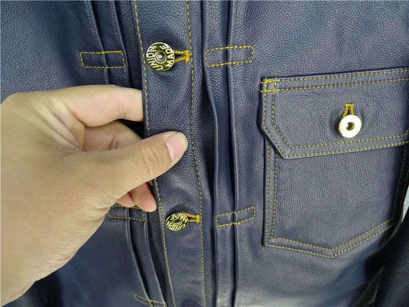 Pocket denim lychee grain cowhide leather jacket men's light brown stitching contrast color embellishment