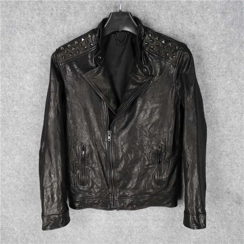 Full vegetable tanned goatskin leather leather jacket men's stand-up collar rivets heavy locomotive hip-hop motorcycle clothing