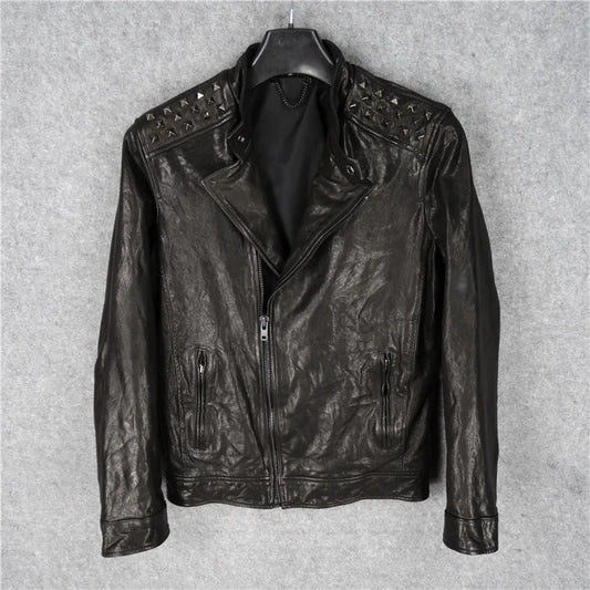 Full vegetable tanned goatskin leather leather jacket men's stand-up collar rivets heavy locomotive hip-hop motorcycle clothing