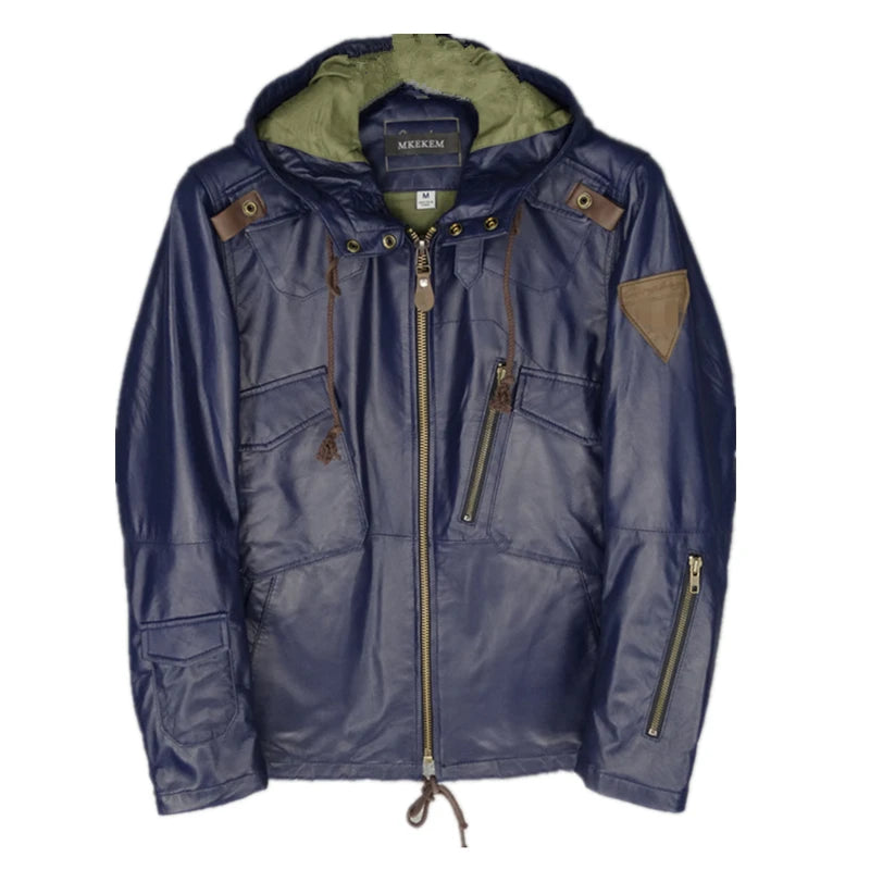 Blue new hooded slim fit New Zealand imported first layer sheepskin leather leather jacket men's leather jacket