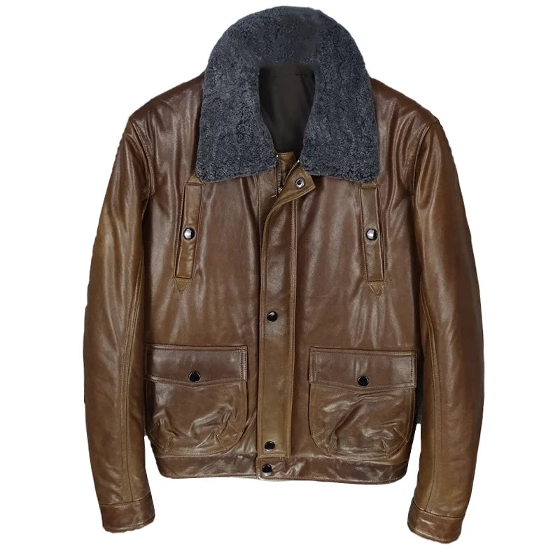 Removable wool collar layer sheepskin genuine leather jacket men's padded cotton warm and cold model