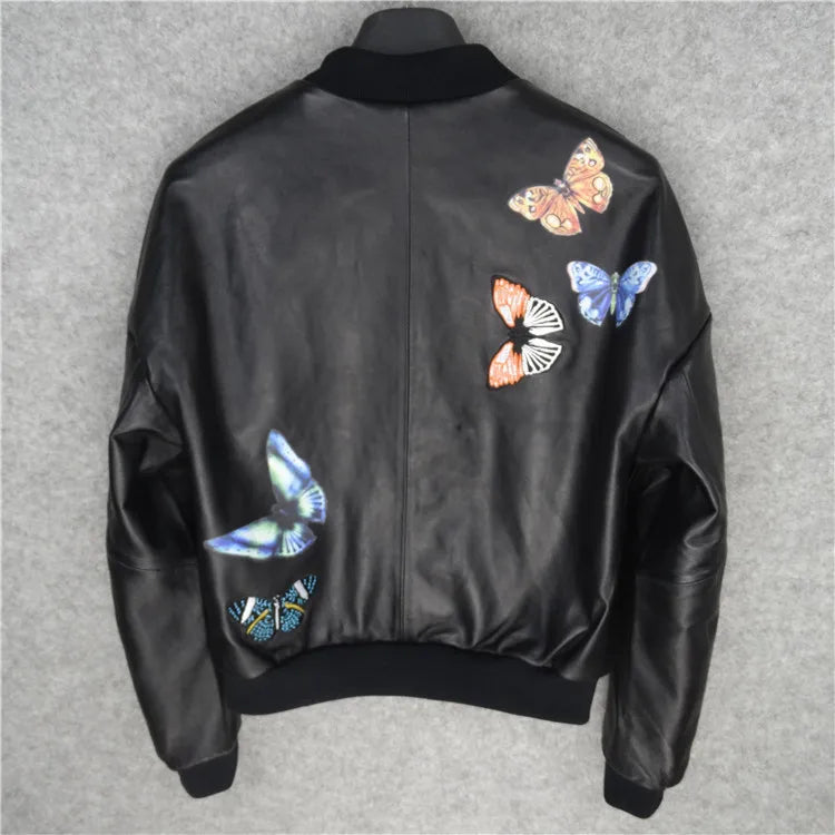 Oil painting printing 10,000 stitches embroidery butterfly female sheepskin leather leather jacket baseball jersey