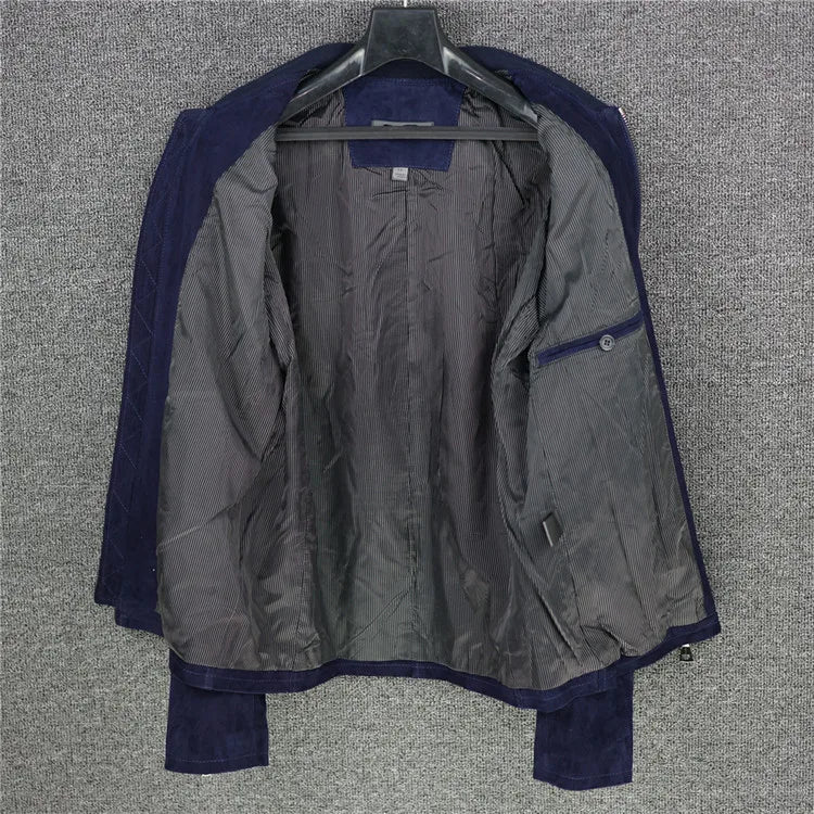 Velvet cashmere cobalt blue leather jacket men's