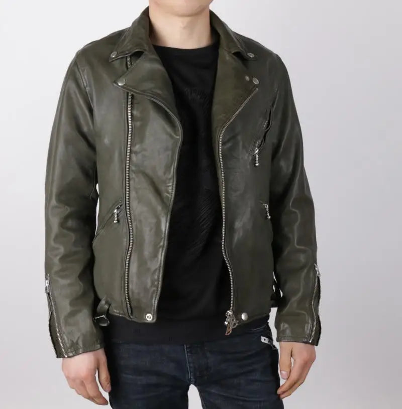 Locomotive Japan Dunhou Uncoated Water Dyed Vegetable Tanned Sheepskin Cable-stayed Leather Jacket Men's Light Old Folds