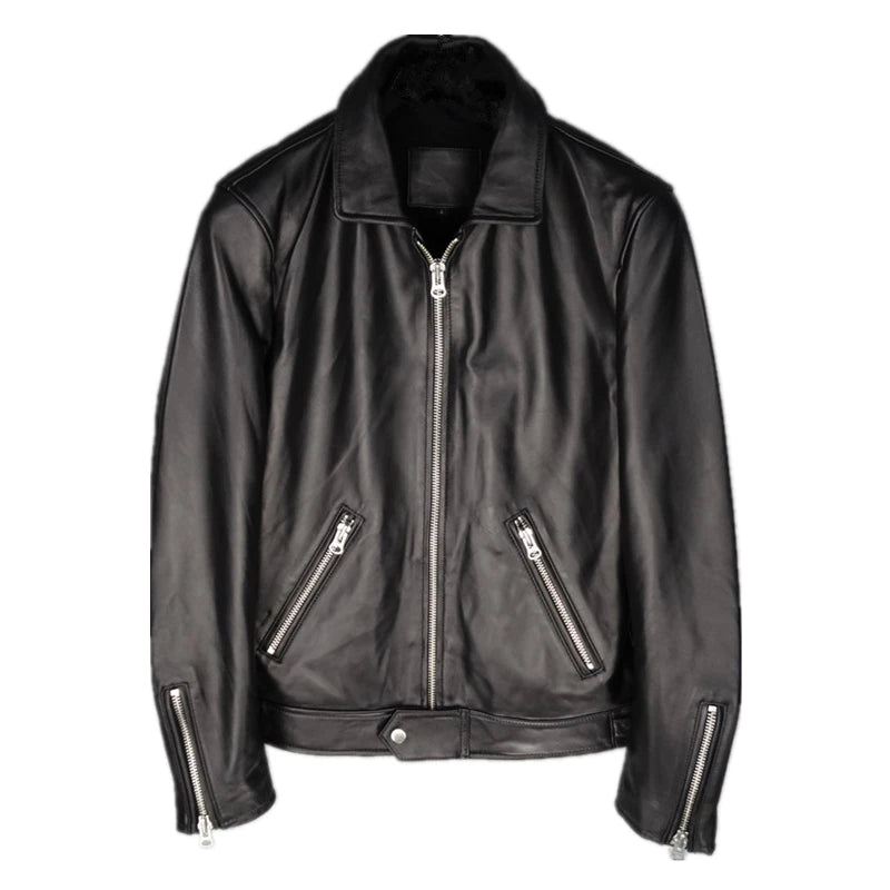 Men's genuine sheepskin leather jacket with small lapel