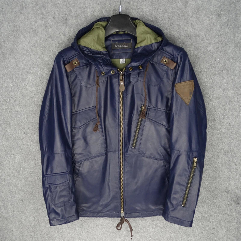 Blue new hooded slim fit New Zealand imported first layer sheepskin leather leather jacket men's leather jacket