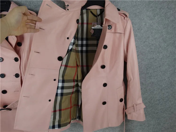 Pink classic double-breasted women's belt trench coat imported sheepskin leather jacket female slim fit
