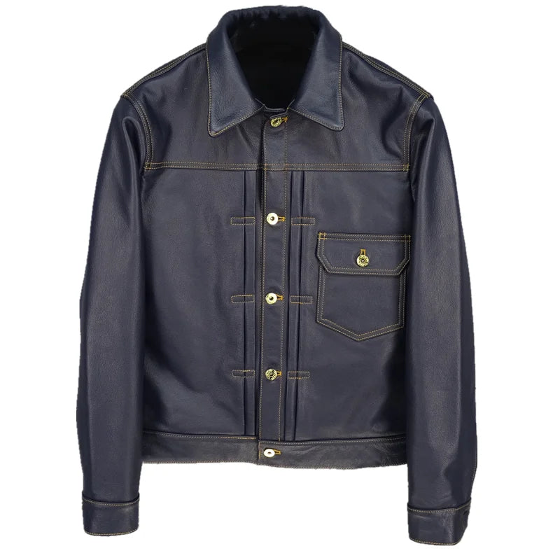 Pocket denim lychee grain cowhide leather jacket men's light brown stitching contrast color embellishment