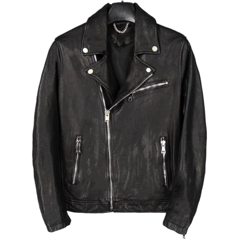 Lapel Slim Fit Top Layer Vegetable Tanned Sheepskin Leather Jacket Men's Motorcycle Clothing Short Leather Jacket