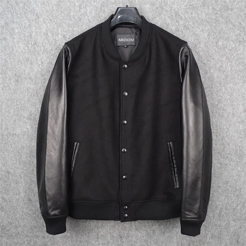 Wool nylon + sheepskin sleeve baseball jacket short leather jacket First layer sheepskin leather jacket for men and women
