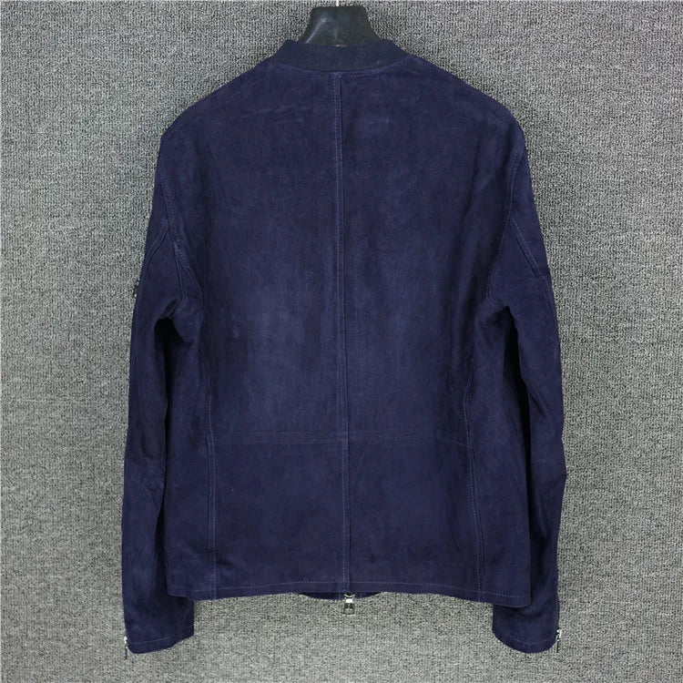 Velvet cashmere cobalt blue leather jacket men's