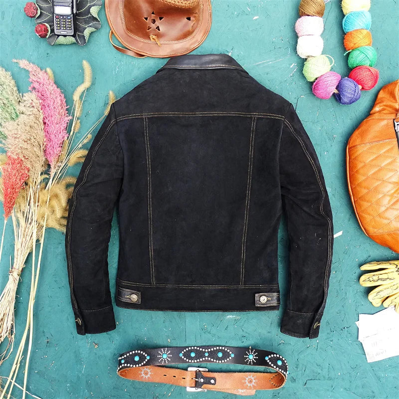Suede sheepskin slim fit denim, contrasting sheepskin leather front