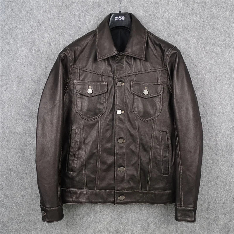 The first layer of sheepskin leather jacket men's denim leather jacket jacket top slim and thin soft short