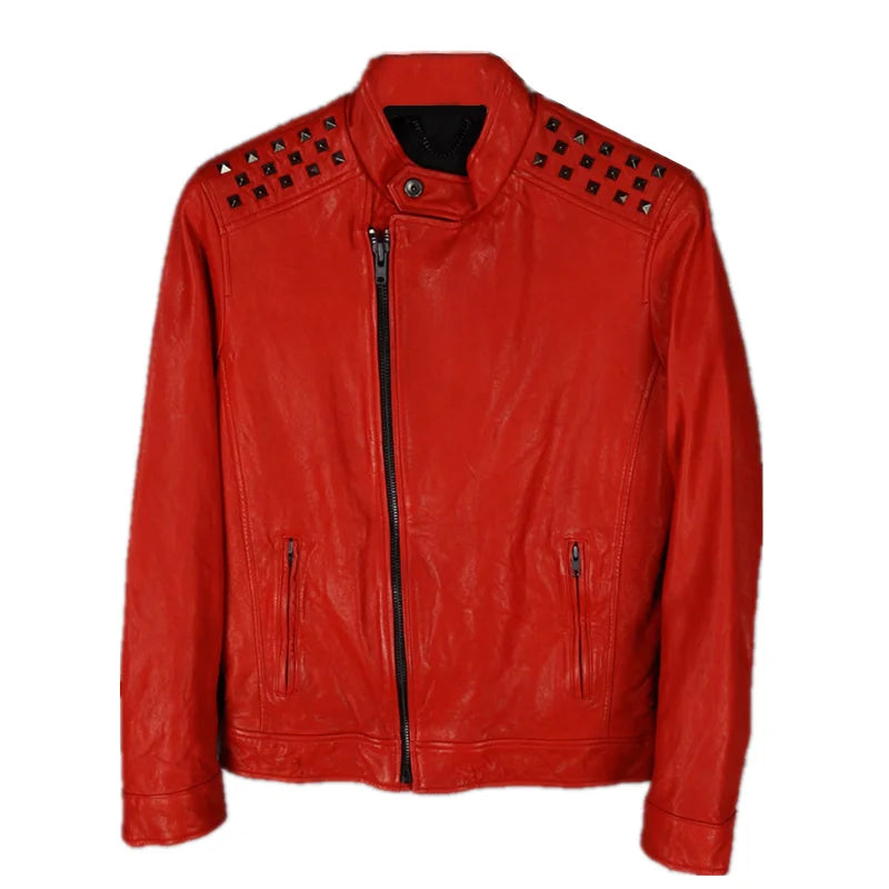 Full vegetable tanned goatskin leather leather jacket men's stand-up collar rivets heavy locomotive hip-hop motorcycle clothing