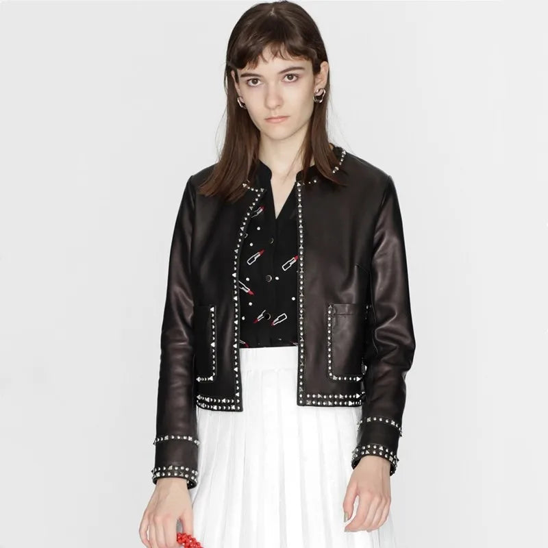 Handmade rivets Italian water-dyed sheepskin Japanese genuine leather leather jacket women's short round neck lady slim fit