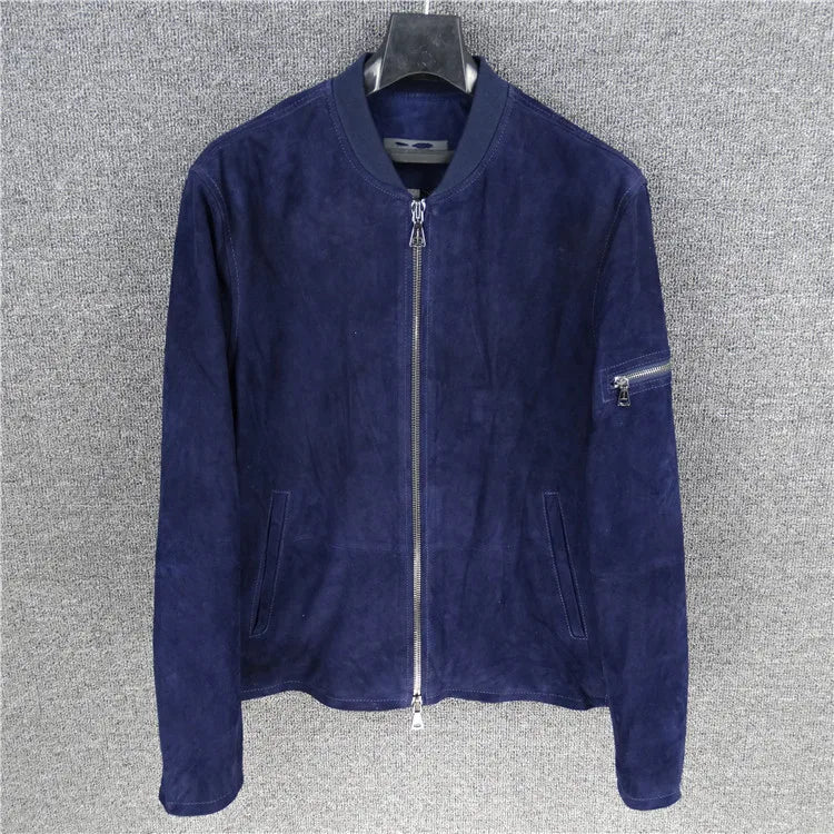 Velvet cashmere cobalt blue leather jacket men's