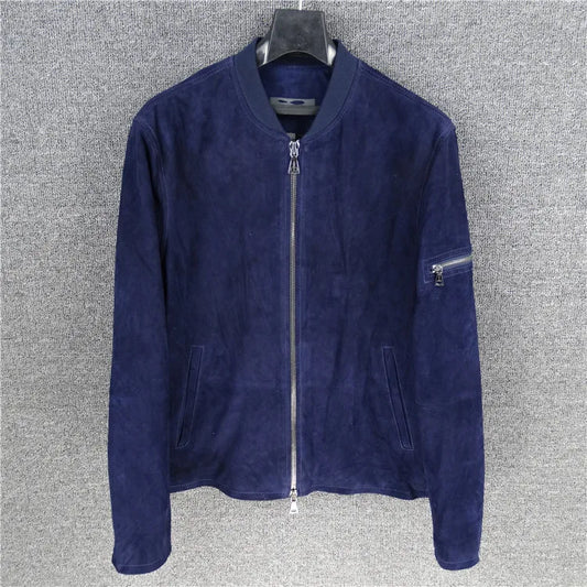 Velvet cashmere cobalt blue leather jacket men's