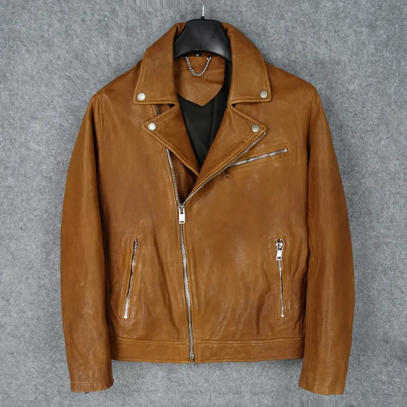 Lapel Slim Fit Top Layer Vegetable Tanned Sheepskin Leather Jacket Men's Motorcycle Clothing Short Leather Jacket