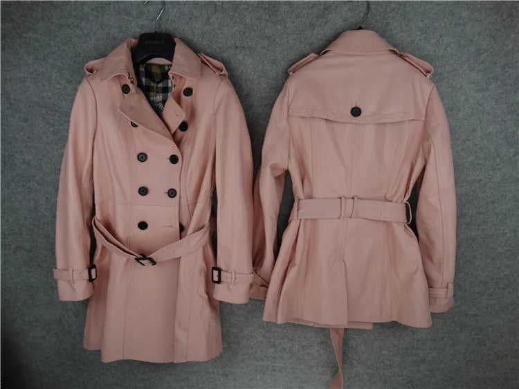 Pink classic double-breasted women's belt trench coat imported sheepskin leather jacket female slim fit