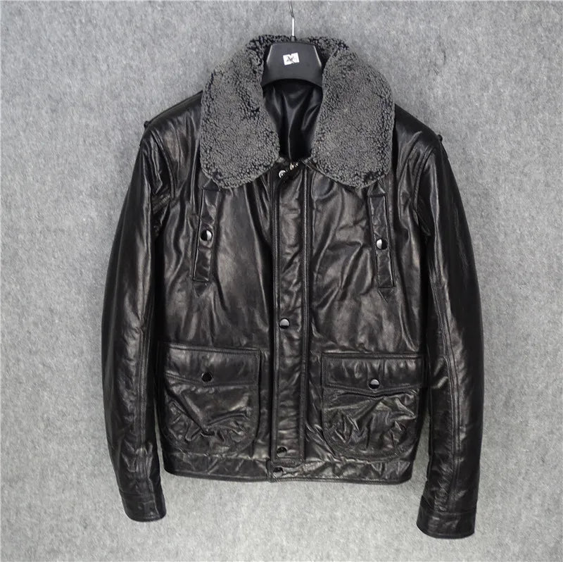 Removable wool collar layer sheepskin genuine leather jacket men's padded cotton warm and cold model