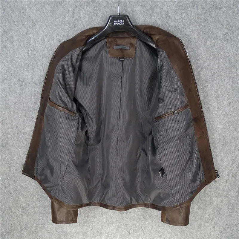 Qinyou makes old first layer imported sheepskin leather leather jacket men's baseball jersey slim and thin