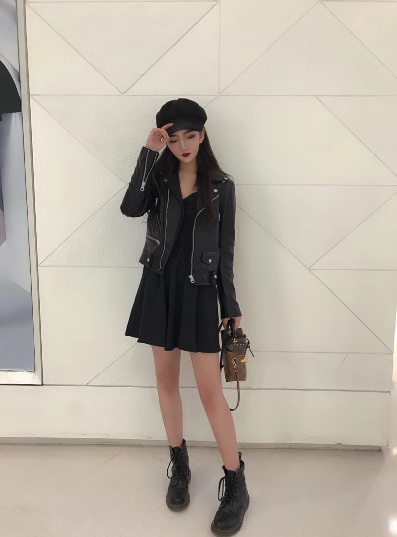 Sheep leather jacket women's short motorcycle jacket slim leather jacket large size women's clothing