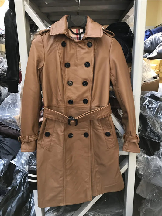 Long trench coat double-breasted women's model New Zealand imported first-layer sheepskin leather leather jacket women