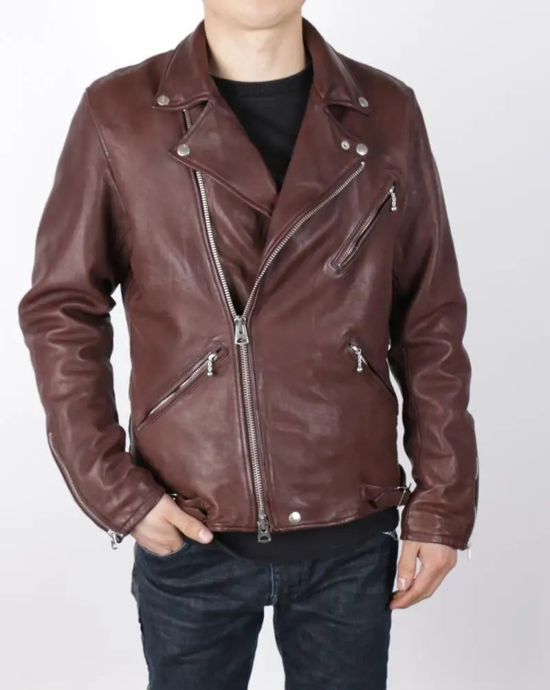 Locomotive Japan Dunhou Uncoated Water Dyed Vegetable Tanned Sheepskin Cable-stayed Leather Jacket Men's Light Old Folds