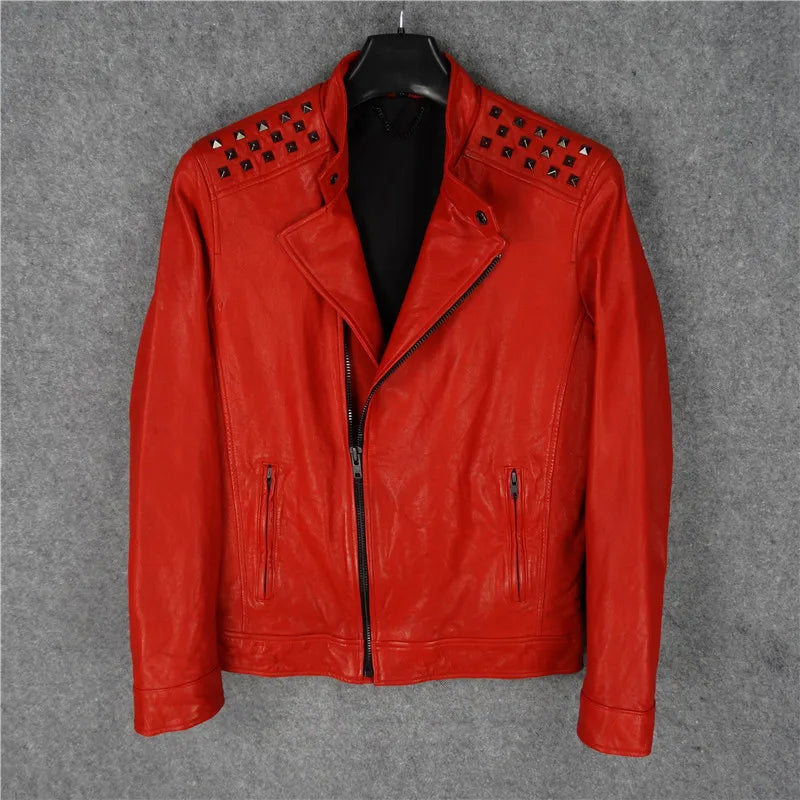 Full vegetable tanned goatskin leather leather jacket men's stand-up collar rivets heavy locomotive hip-hop motorcycle clothing