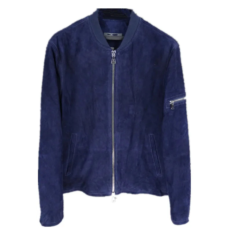 Velvet cashmere cobalt blue leather jacket men's