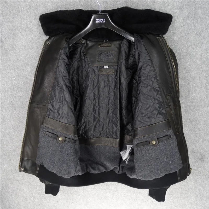 Air Force Flight Suit Leather Jacket Goat Leather Leather Clothing Motorcycle Suit Men's Cotton Removable Lamb Fur Collar