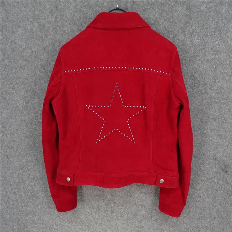 Rivet denim model, Italian imported matte sheepskin leather leather jacket women's model