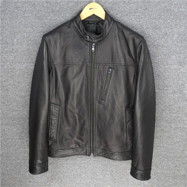 Stand collar slim fit first layer sheepskin leather leather jacket men's motorcycle clothing leather jacket short