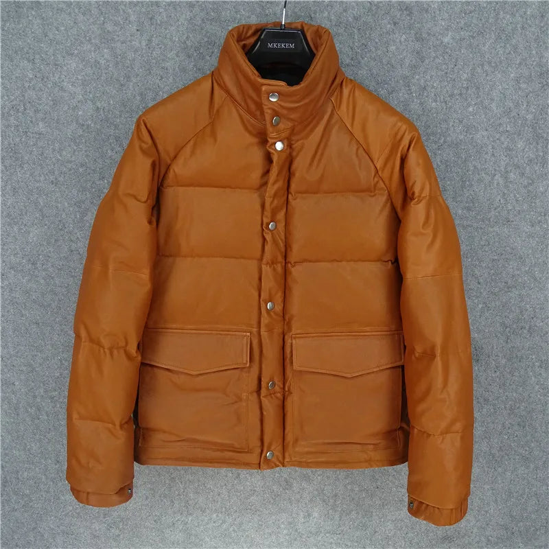 The first layer of sheepskin leather leather jacket men's thickened white duck down jacket stand-up collar men's models