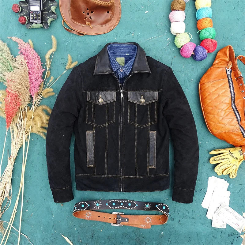 Suede sheepskin slim fit denim, contrasting sheepskin leather front