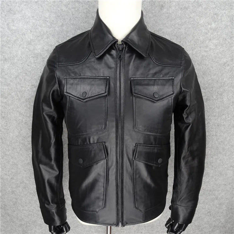 The first layer of sheepskin leather leather jacket is a slim and thin short leather jacket with multiple pockets and lapels.