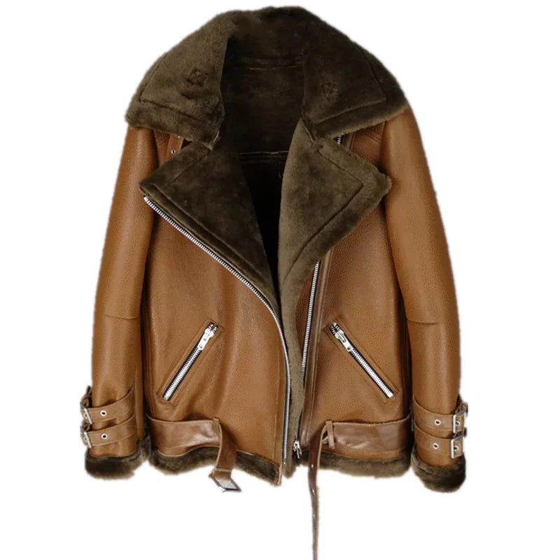 Sheepskin fur integrated thickened warm leather leather jacket women's Korean version loose belt locomotive model