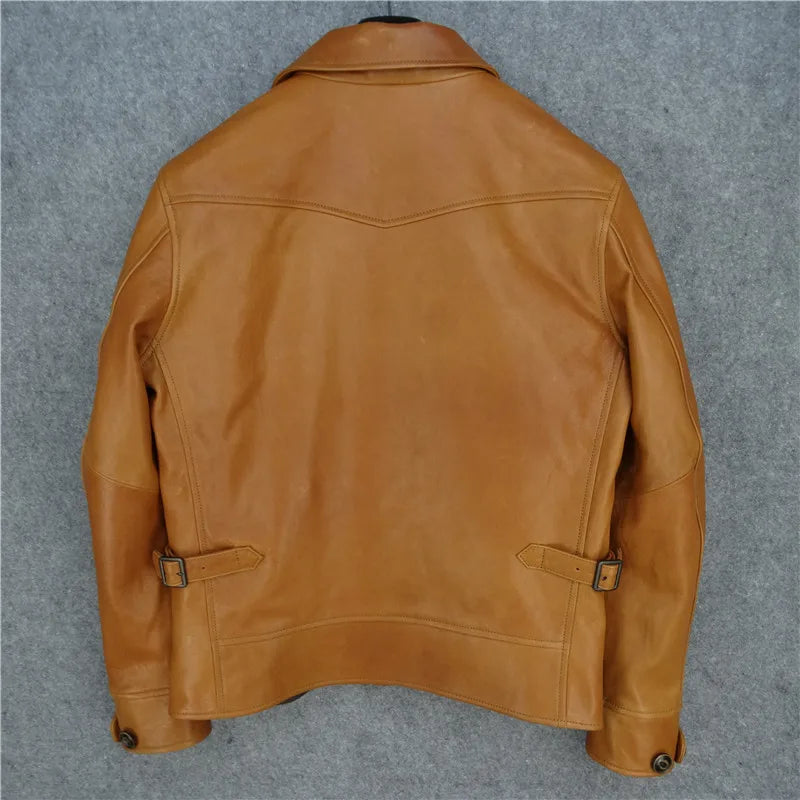 Cossack style jacket style Cossack green fruit collar campus leather jacket genuine leather jacket men
