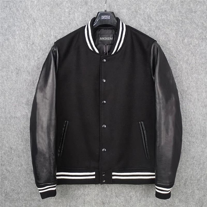 Sheepskin leather jacket for men and women, wool nylon + sheepskin sleeves, baseball jacket, short leather jacket
