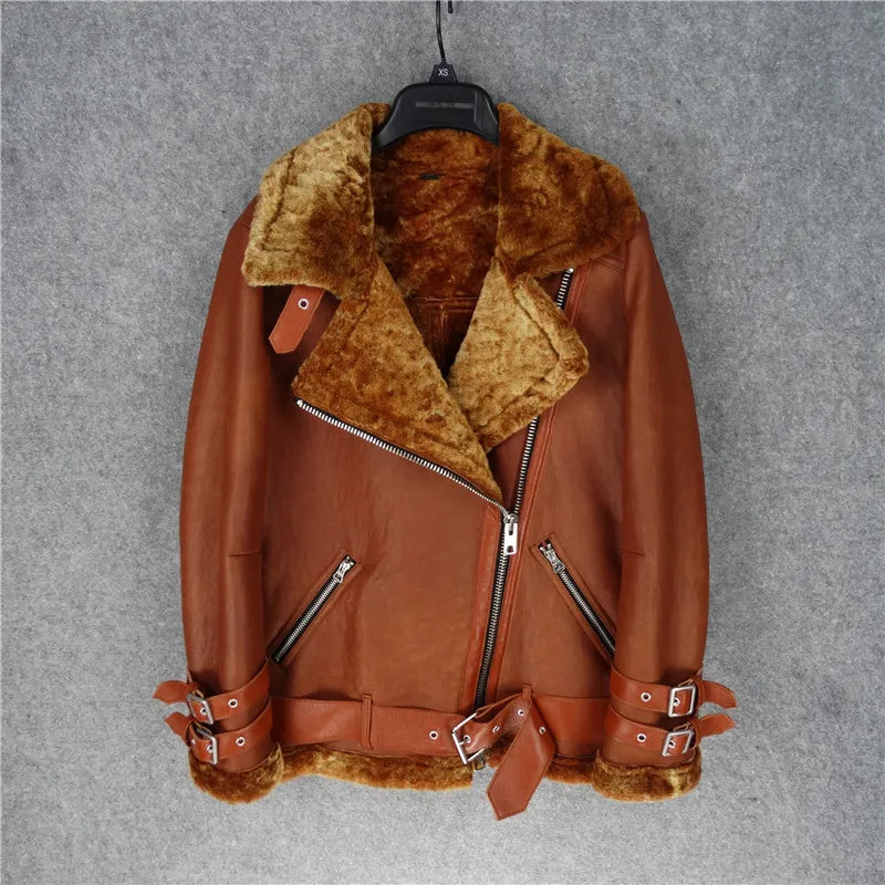 Sheepskin fur integrated thickened warm leather leather jacket women's Korean version loose belt locomotive model