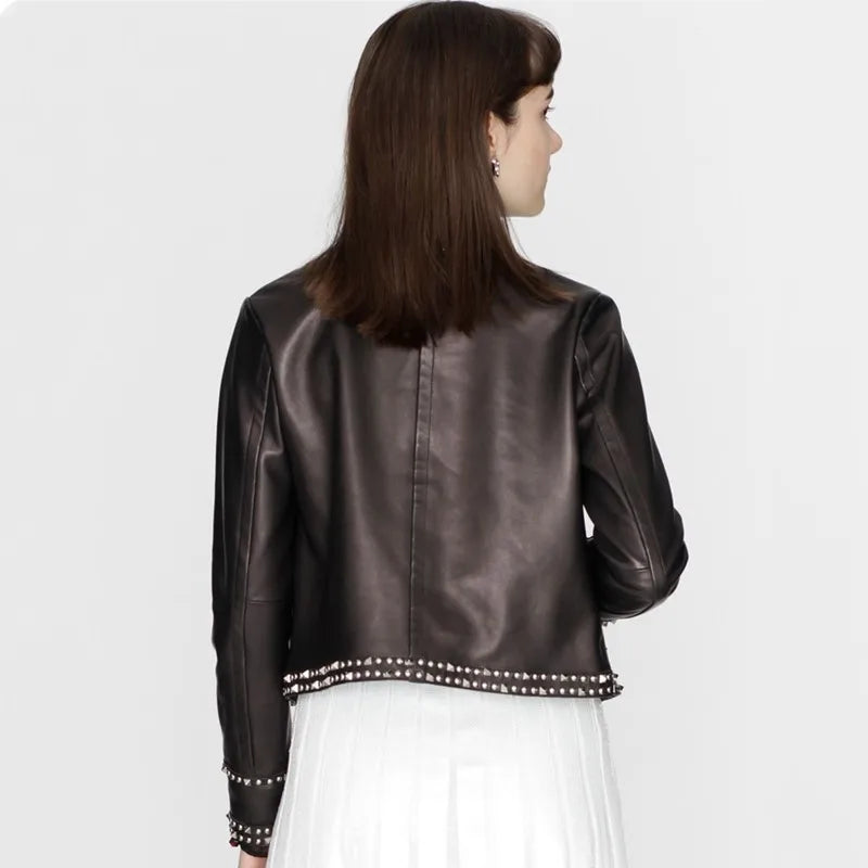 Handmade rivets Italian water-dyed sheepskin Japanese genuine leather leather jacket women's short round neck lady slim fit