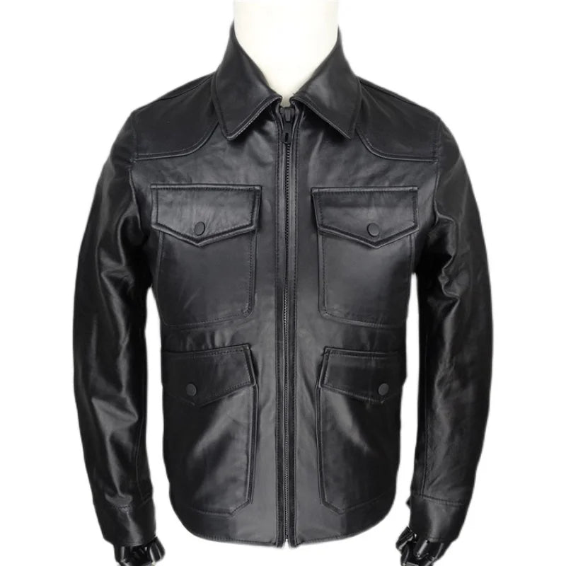 The first layer of sheepskin leather leather jacket is a slim and thin short leather jacket with multiple pockets and lapels.